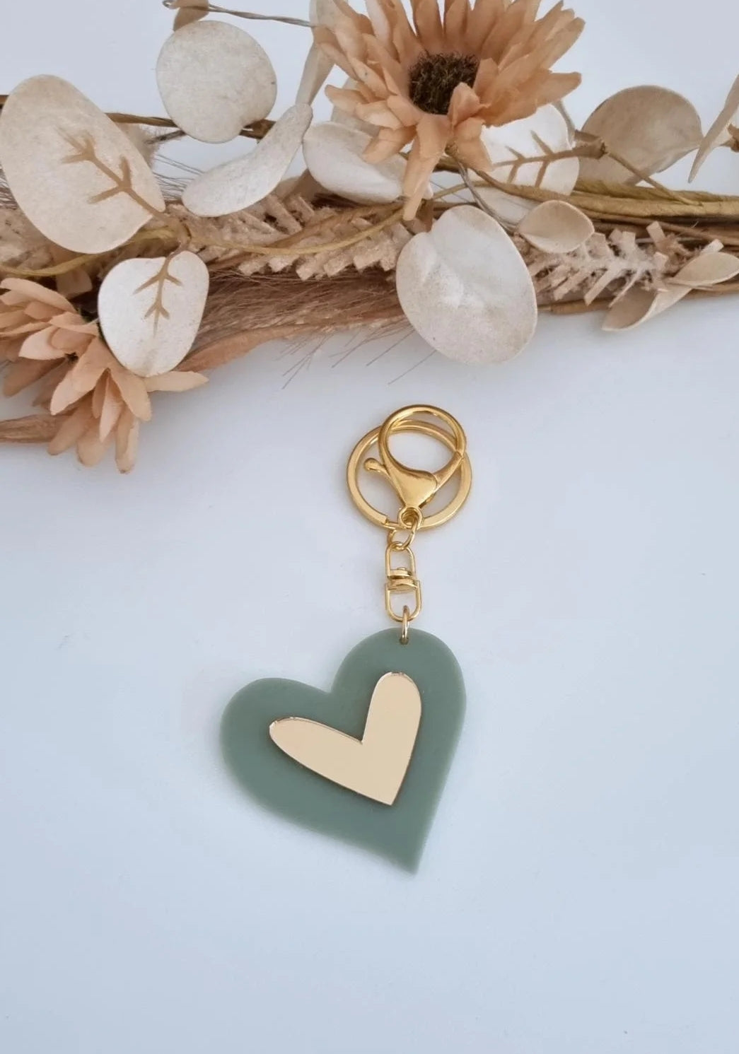 Heart Key Ring - Sage/Gold Mirror