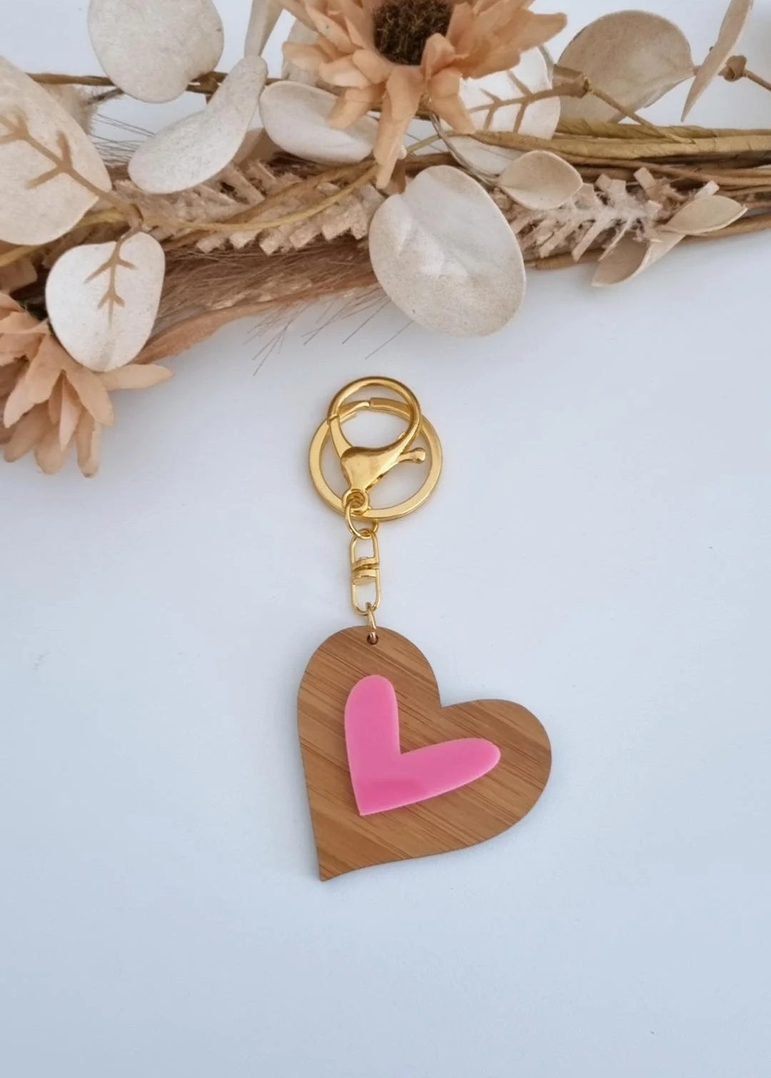 Heart Key Ring - Bamboo/Candy Pink