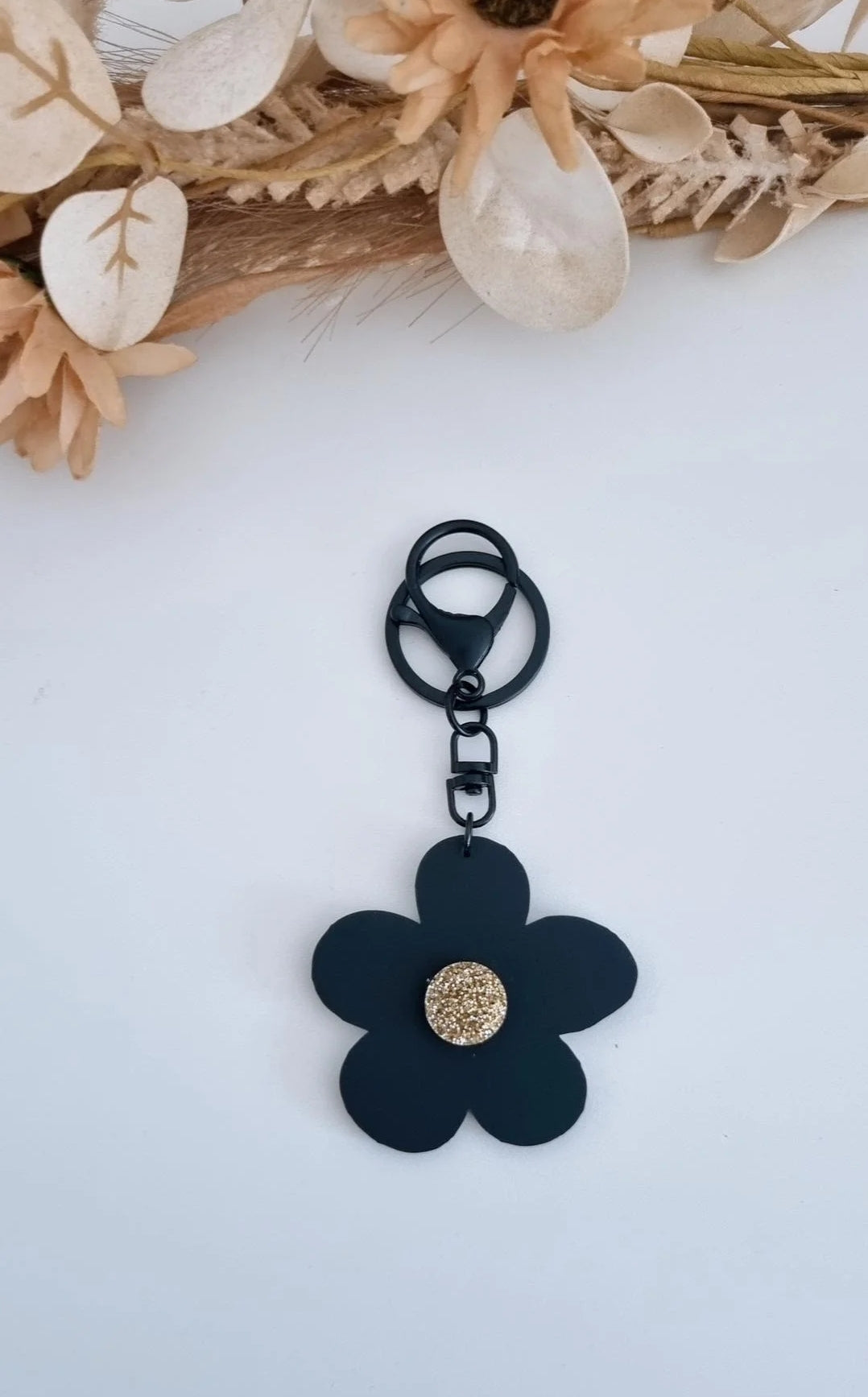 Flower Key Ring - Black/Gold Glitter