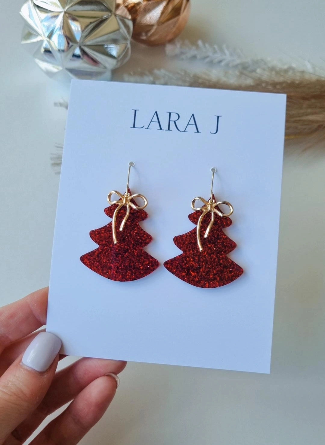Christmas Tree Dangle - Red Glitter + Gold Bow