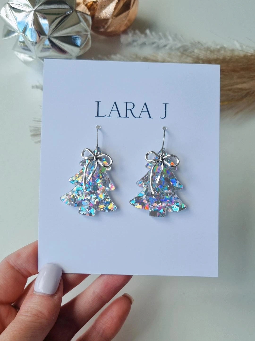 Christmas Tree Dangle - Silver Glitter+ Silver Bow