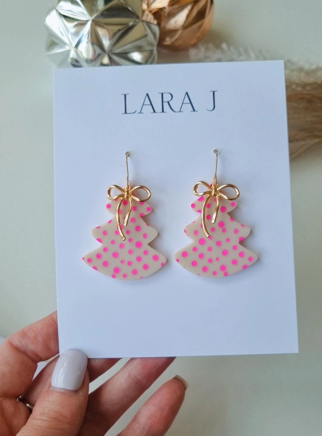 Christmas Tree Dangle - Nude/Hot Pink + Gold Bow