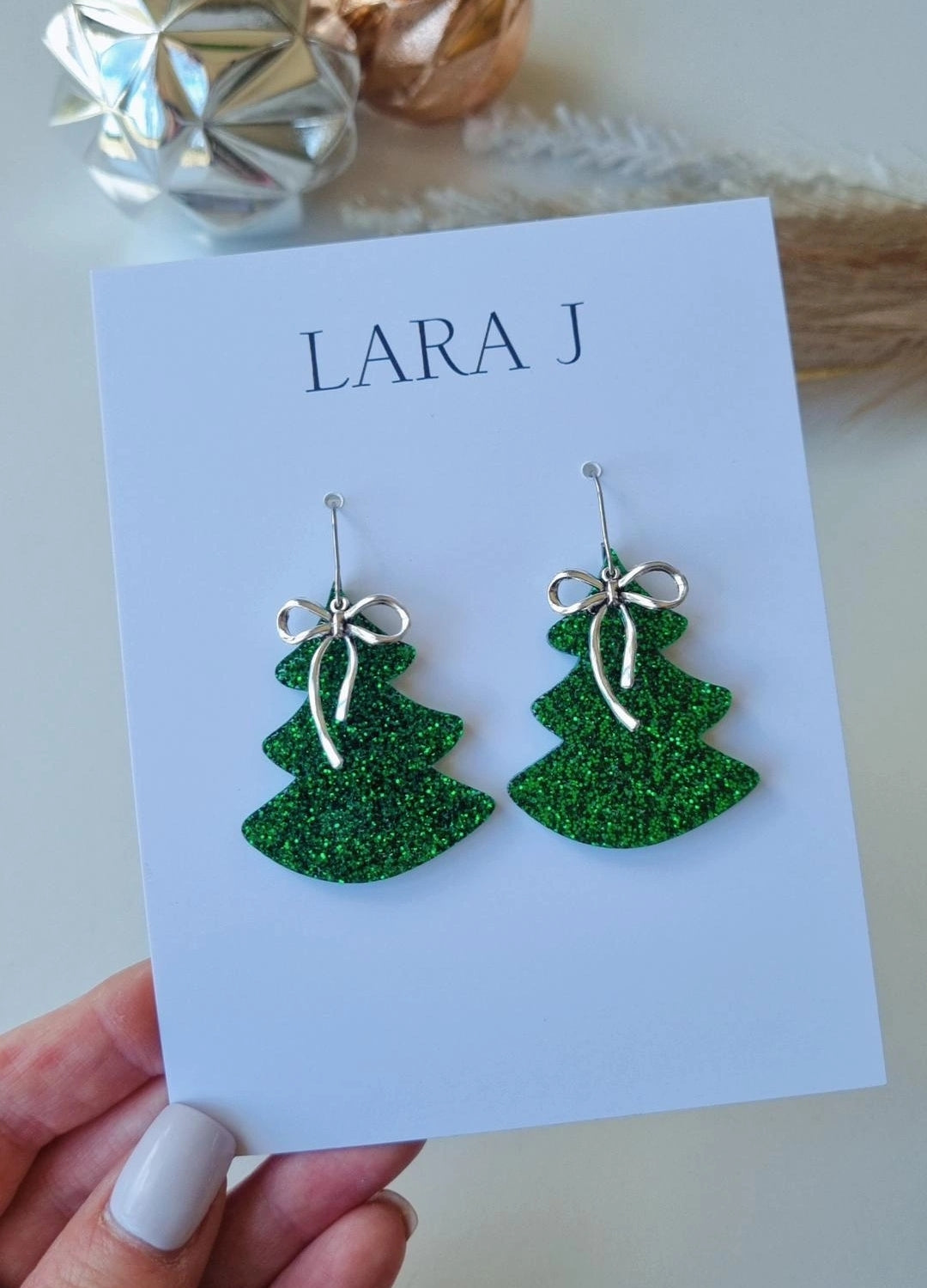 Christmas Tree Dangle - Green Glitter + Silver Bow