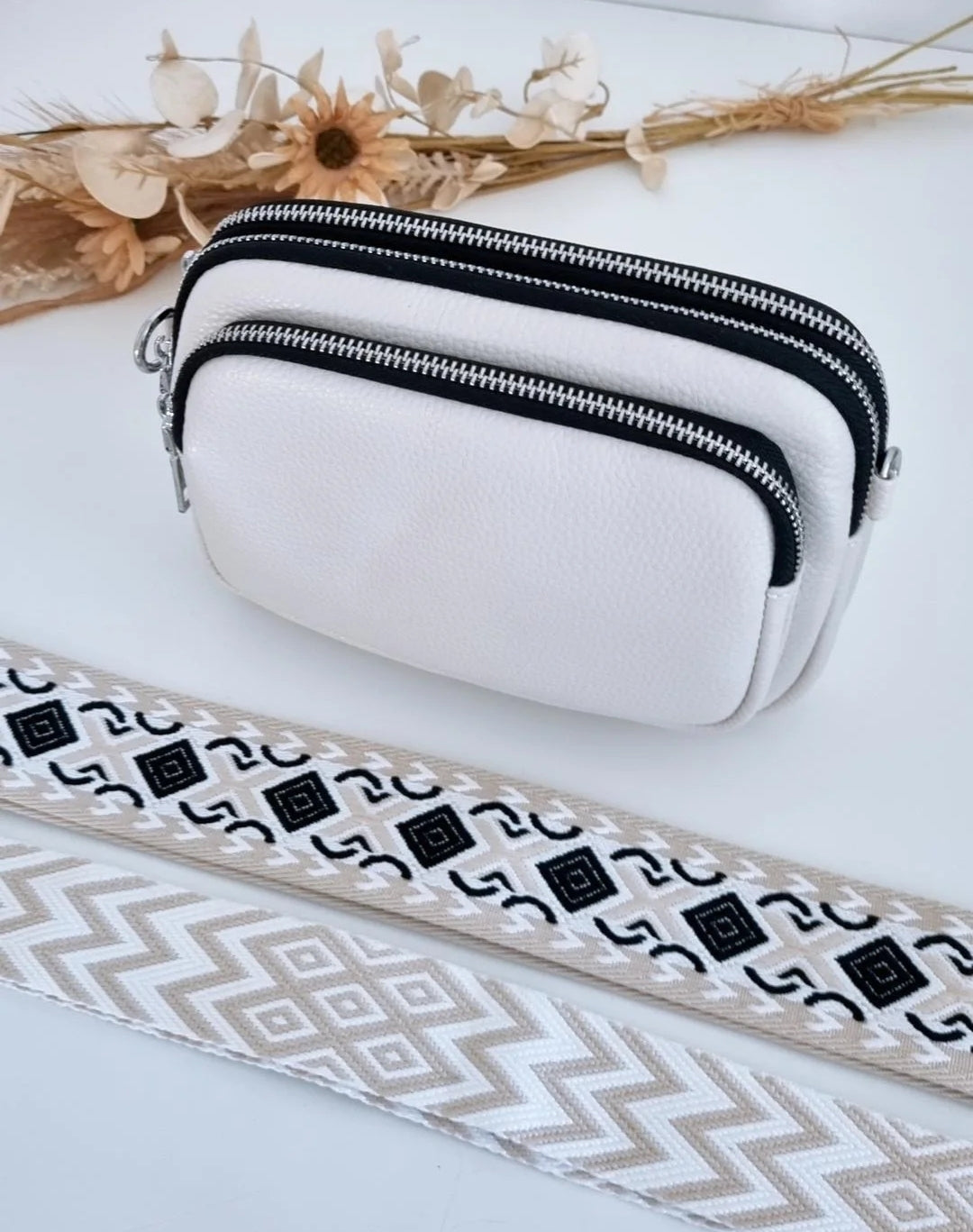 Leather Crossbody 3 Section Bag - Ivory (Monochrome Strap - with silver buckles)