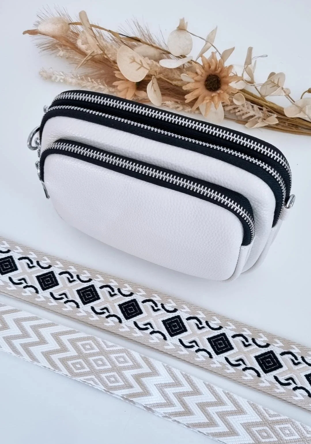 Leather Crossbody 3 Section Bag - Ivory (Monochrome Strap - with silver buckles)