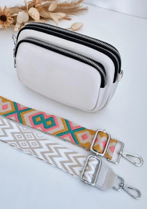 Leather Crossbody 3 Section Bag - Ivory (Hot Pink, Mint & Mustard Strap - with silver buckles)