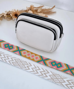 Leather Crossbody 3 Section Bag - Ivory (Hot Pink, Mint & Mustard Strap - with silver buckles)