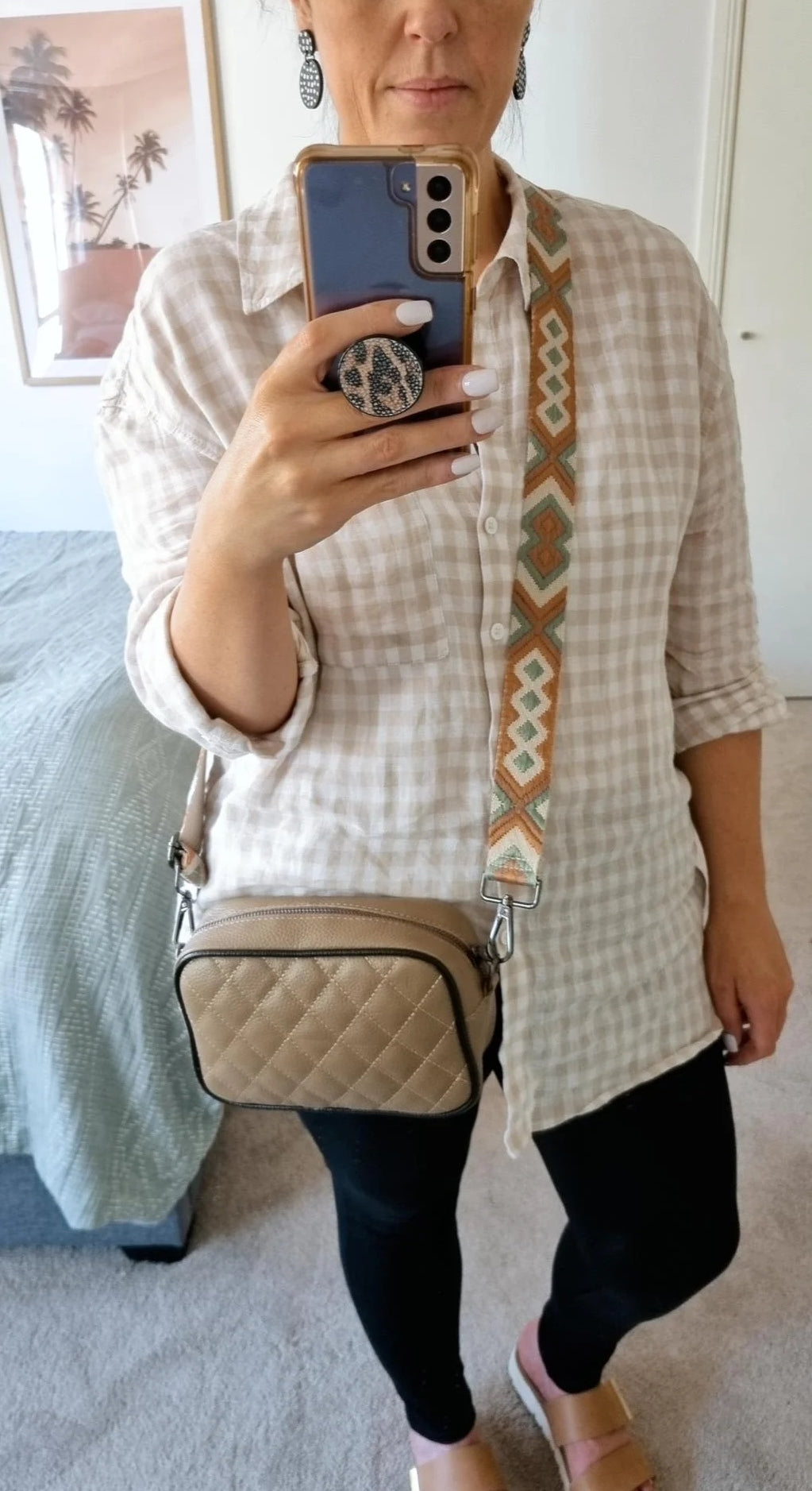 Leather Crossbody Bag - Tan (Sage & Tan Strap - with black buckles)