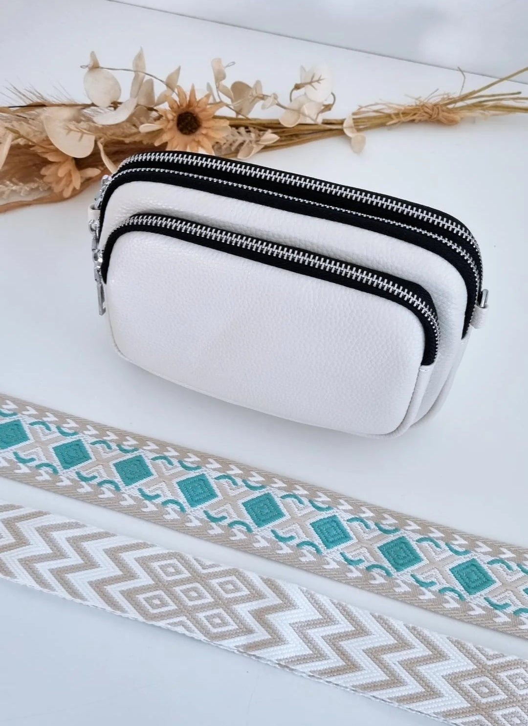 Leather Crossbody 3 Section Bag - Ivory (Mint & Bone Strap - with silver buckles)