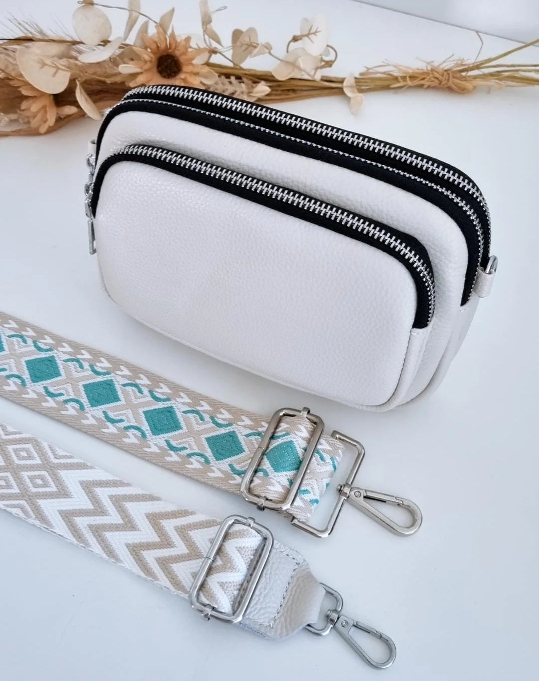 Leather Crossbody 3 Section Bag - Ivory (Mint & Bone Strap - with silver buckles)