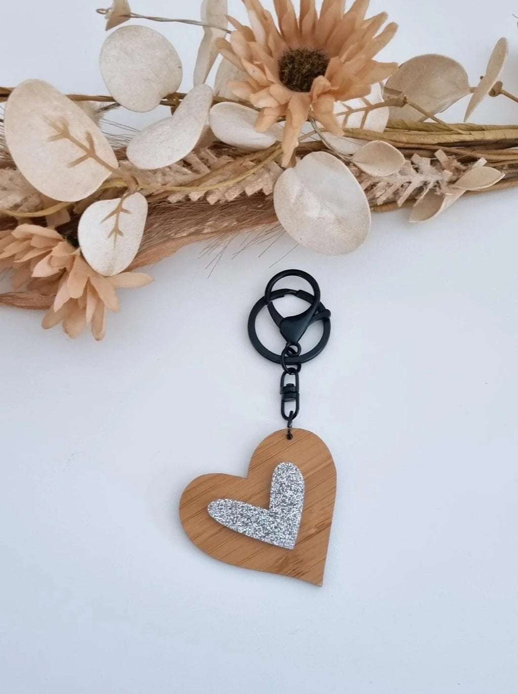 Heart Key Ring - Bamboo/Silver Glitter