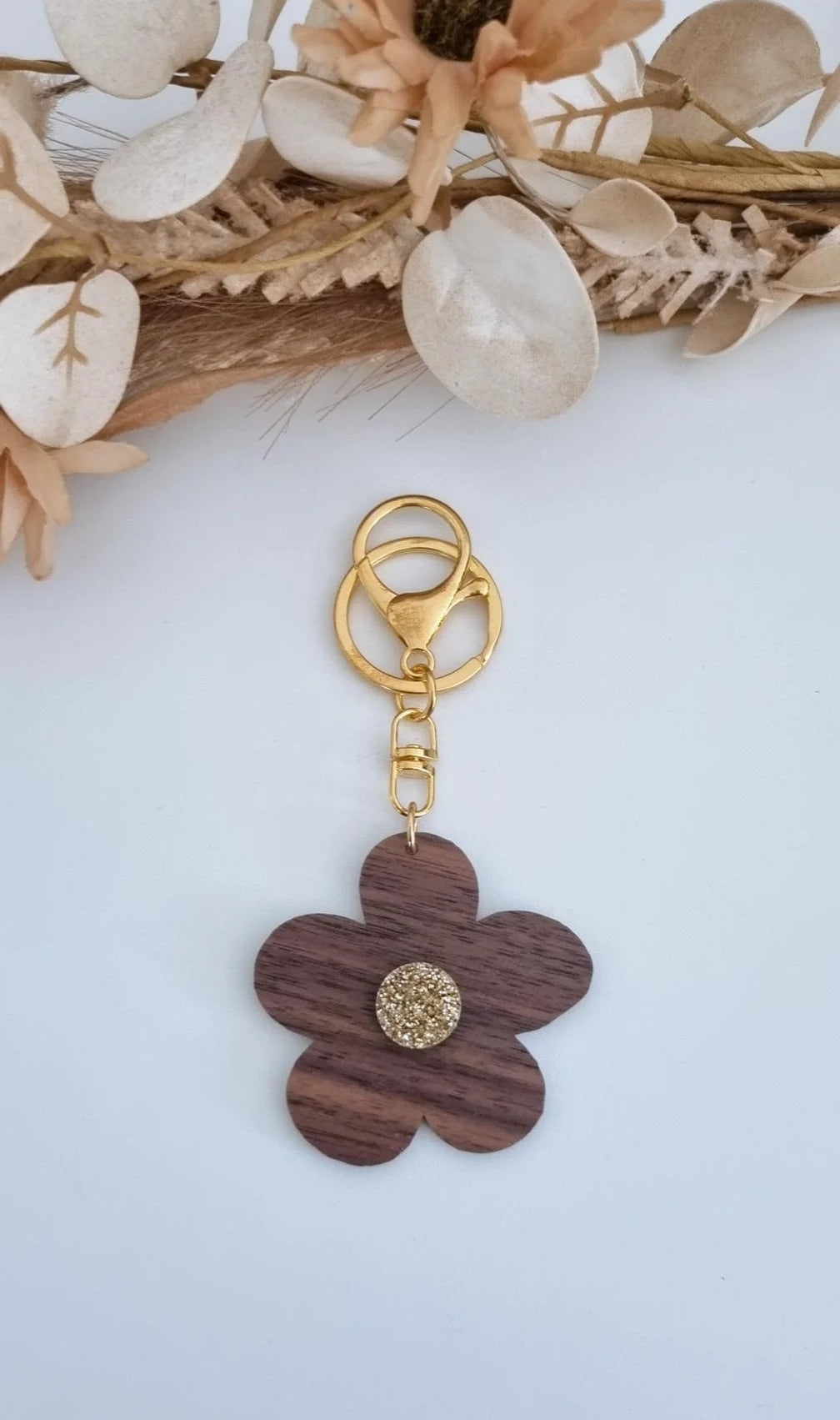 Flower Key Ring - Walnut/Gold Glitter