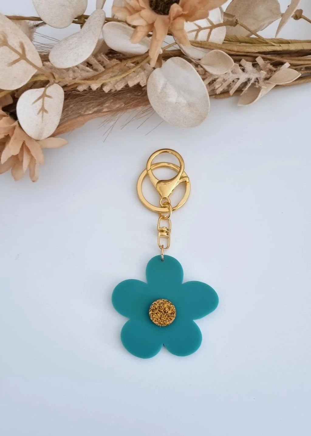 Flower Key Ring - Teal/Copper Glitter