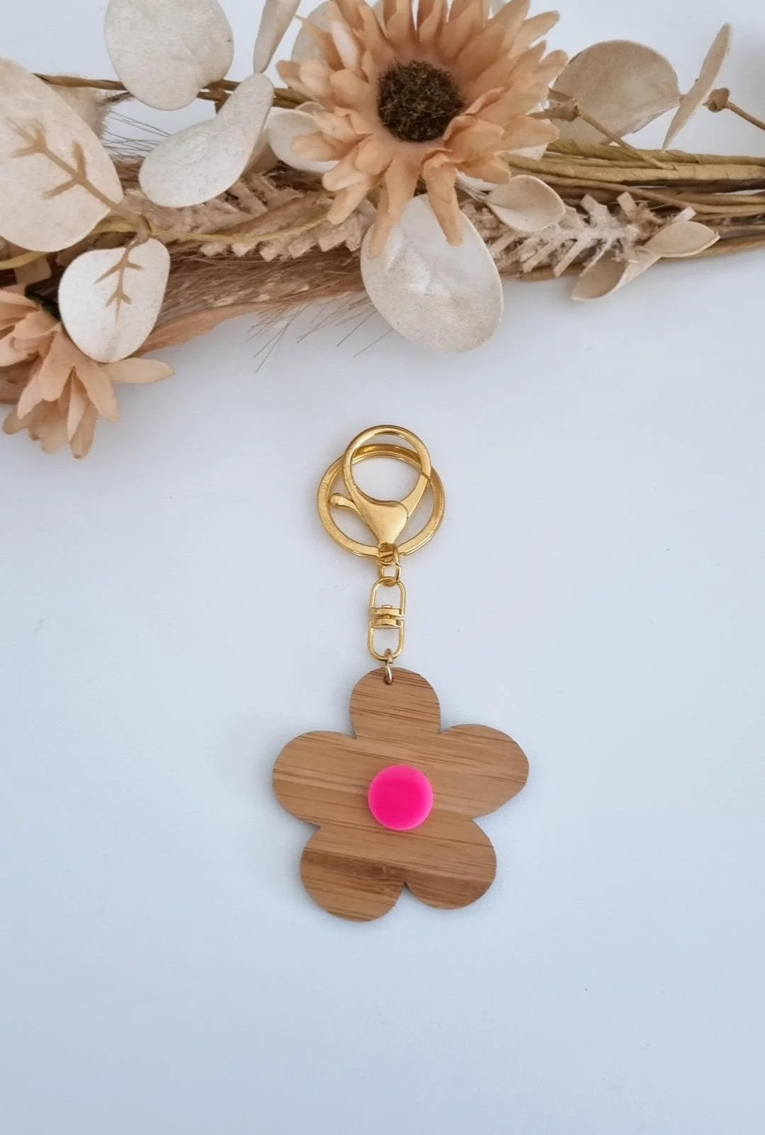 Flower Key Ring - Walnut/Hot Pink