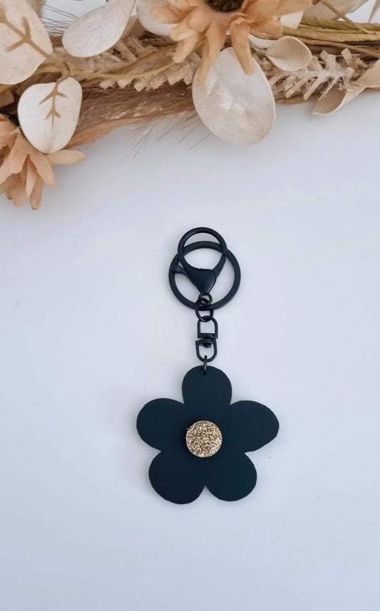 Flower Key Ring - Black/Gold Glitter