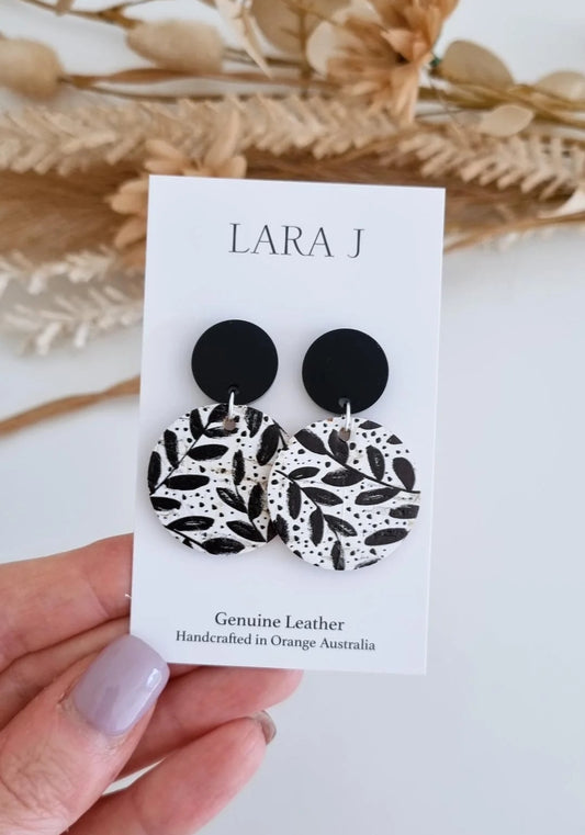 Monochrome Leaf Leather Dangles - Black Top