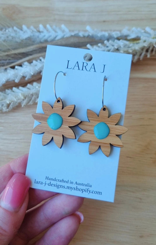 Bamboo Flower Hoops - Teal