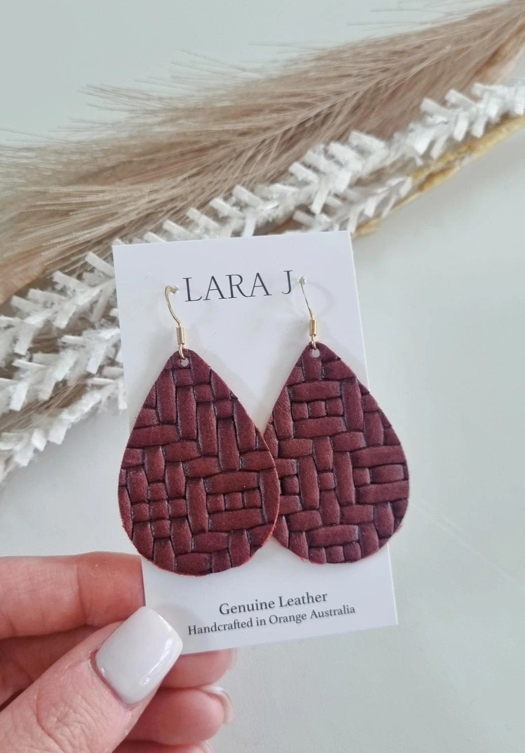 Red Wood Leather Earrings