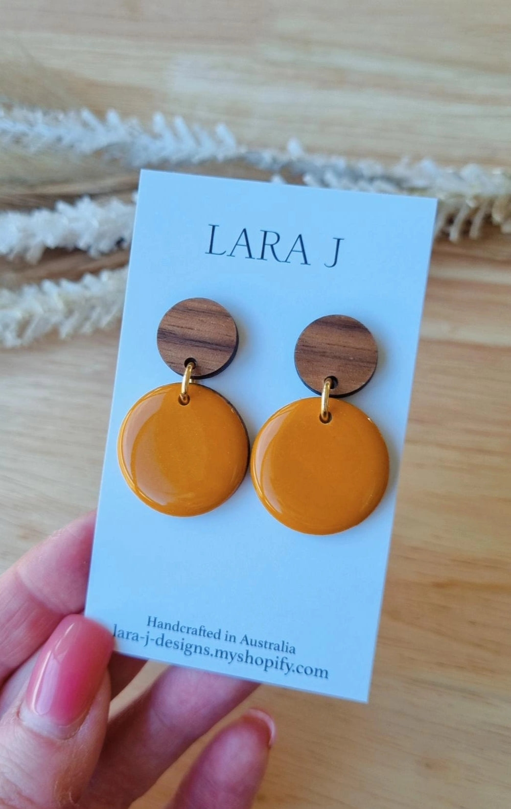 Petite Circle Dangle - Mustard - Walnut Top