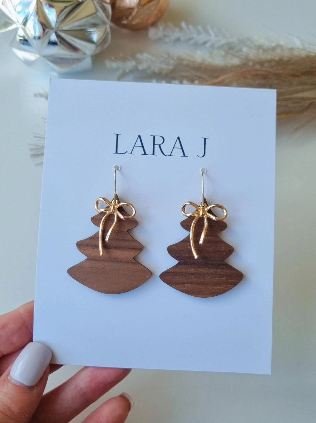Christmas Tree Dangle - Walnut + Gold Bow