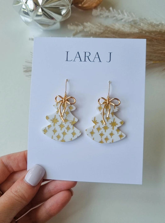 Christmas Tree Dangle - White/Gold + Gold Bow