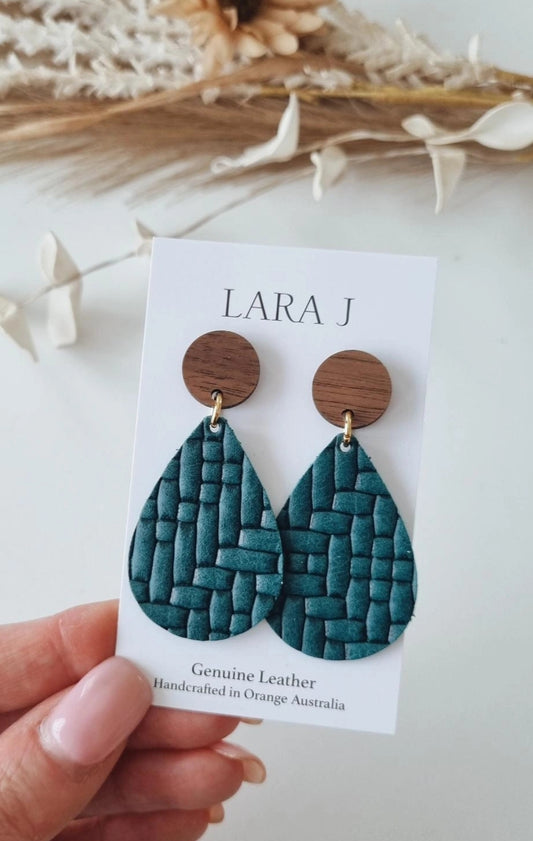 Teal Weave Leather Earrings