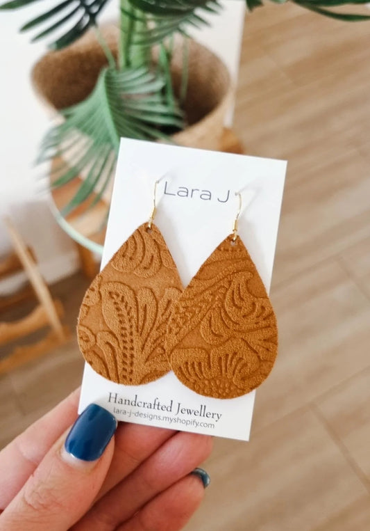 Tan Embossed Leather Earrings