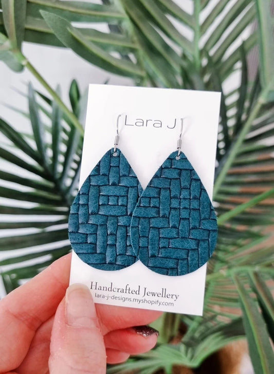Teal Weave Leather Earrings