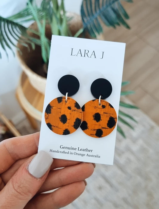 Earthy Cheetah Leather Dangles - Black Top